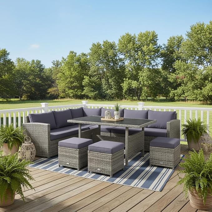 Tangkula 7 Pieces Patio Furniture Set, Outdoor Sectional Rattan Dining Sofa Set with Cushions, All Weather Wicker Conversation Couch Set with Dining Table & Ottomans for Yard Garden Poolside, Grey