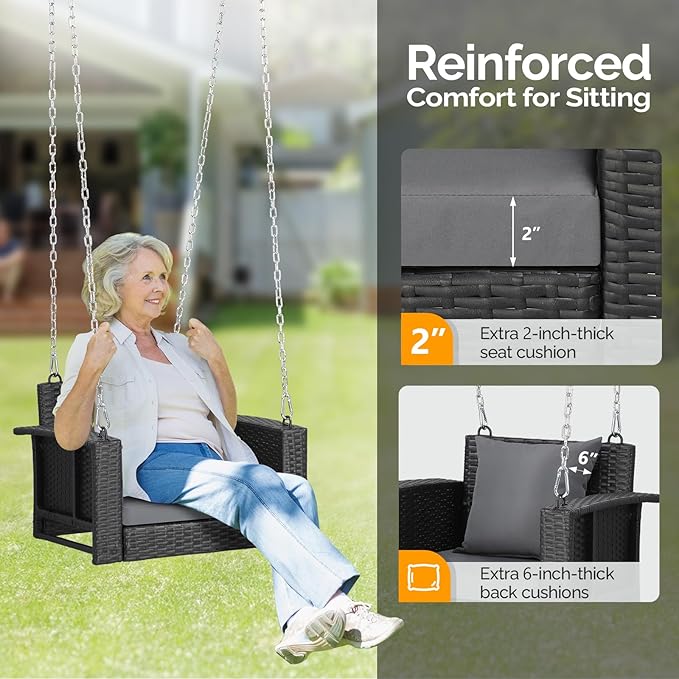 Outvita Porch Swing, 2FT Hanging Outdoor Porch Swings for Adults, Square Wicker 1 Person Patio Swing, with Pillow, Cushion and Chain for Garden, Backyard, Weight Capacity - 440lbs Black & Grey