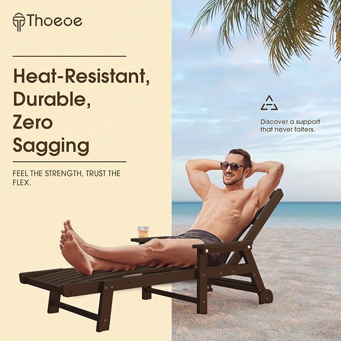 Patio Chaise Lounge Chair Set of 4, Oversized Lounge Chair Outdoor with 5 Positions, HDPE, Patio Lounge Chair with Wheels & Cup Holder for Pool, Deck, Poolside,Brown