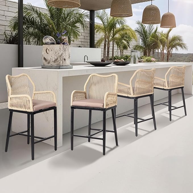 VINGLI Outdoor Counter Height Bar Stools Set of 2, Rattan Outdoor Barstools Boho Woven Patio Bar Stools with Backrest, Aluminum Frame Patio Garden Balcony Pool Bar Chairs (2 PCS)