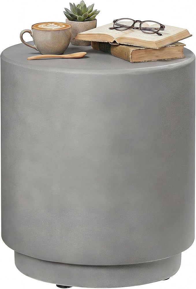 HOMCOM Outdoor Side Table, Round Small End Table with Concrete Finish for Indoor, Patio, Backyard, Pool, Porch, Garden, Lawn, Light Gray