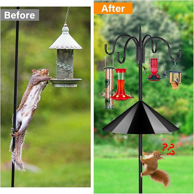FEED GARDEN 4-Hook Squirrel-Proof Bird Feeder Pole - 92" Heavy-Duty Shepherd's Hook with 5-Prong Base & 19" Baffle for Multiple Feeders & Plants