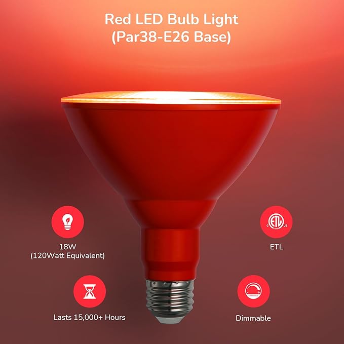 EDISHINE PAR38 Red LED Flood Light Bulbs Outdoor, Dimmable LED Light Bulb, 18W(120W Equivalent), Outdoor Weatherproof Light Bulb, E26 Base, 2 Pack