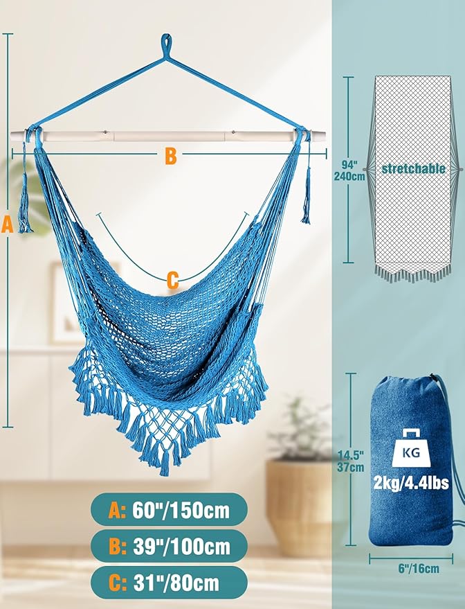 Chihee Hammock Chair Super Large Hanging Chair Soft-Spun Cotton Rope Weaving Chair, Collapsible Strong Metal Spreader Bar Wide Seat Lace Stretch Swing Chair Indoor Outdoor Garden Yard Theme Decoration