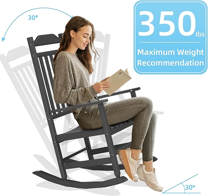 Patio Rocking Chair Outdoor Set of 1,Weather Resistant Poly Resin Oversized Porch Rocker,High Back Smooth Design,350lb Weight Capacity,Indoor Outdoor Use