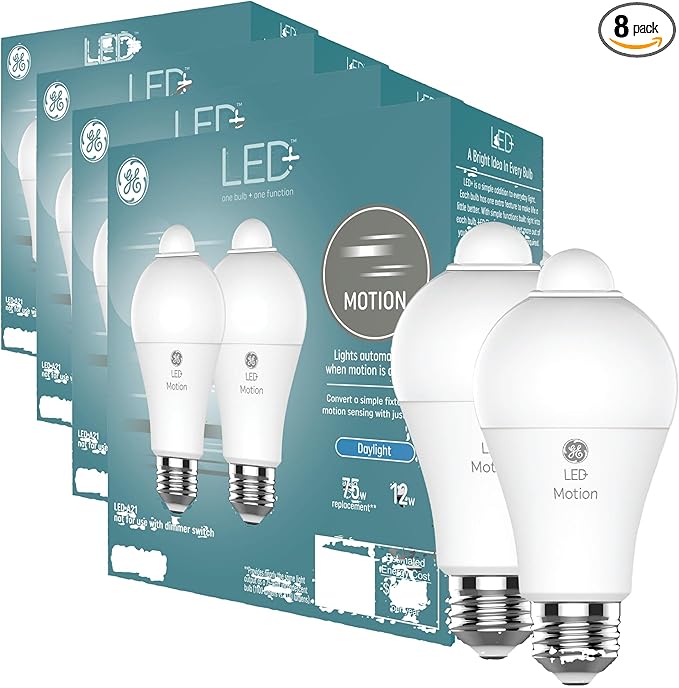 GE LED+ Motion Sensor LED Light Bulbs, 12W, Outdoor Security Lights, Daylight, A21 2 Count (Pack of 4)