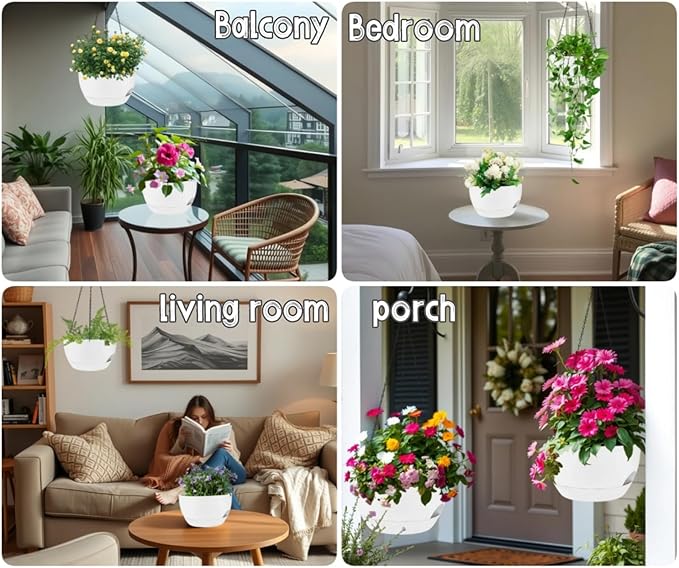 2 Pack 12 Inch Self Watering Hanging Planters for Indoor Plants, Large White Plastic Hanging Pots with Chains for Outdoor Patio Garden Home Decor White