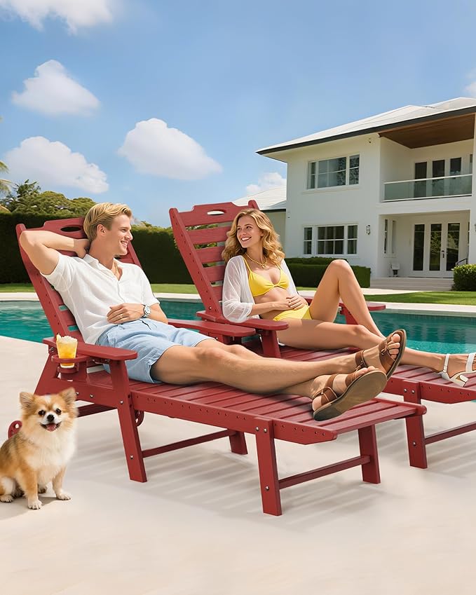 Carauci Lounge Chair Outdoor Set of 2, HDPE Chaise Lounge with Wheels, 5-Position Adjustable Backrest & 2 Cup Holders Patio Lounge Chair, All-Weather Pool Sun Lounger for Poolside, Backyard, Red