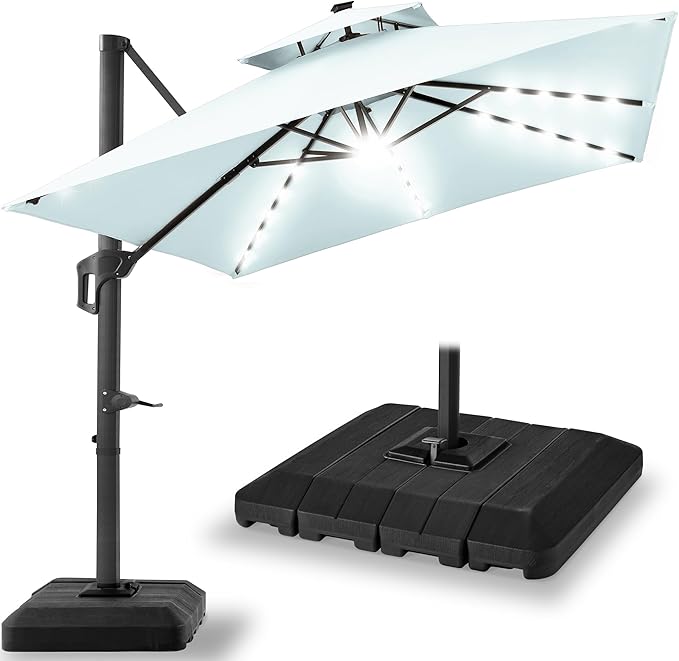 Best Choice Products 10x10ft Cantilever Patio Umbrella w/Base Included, Solar LED Lights 360 Rotation Large Offset Hanging Outdoor Shade for Deck Pool Backyard w/Stand – Baby Blue