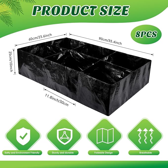 Woanger 8 Pcs 35 Gallon Fabric Raised Garden Bed Garden Bags to Grow Vegetables Planting Garden Containers for Vegetables Outdoor Grow Boxes with 6 Grids Rectangle Planter Pots for Potato Tomato Fruit