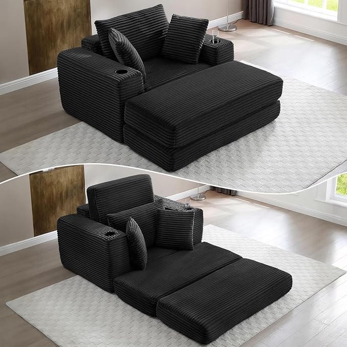 HANXIN 62" Chaise Lounge Chair Indoor, Oversized Corduroy Boneless Convertible Chaise Lounge Couch Sleeper Chair with Ottoman, Deep Seat Reading Chair, No Assembly Required (Black)