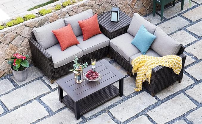 Grand patio Outdoor Coffee Table with Wicker Shelf Storage, 40-inch Rectangle Modern Patio Coffee Table with Faux Wood Tabletop, Fits with Outdoor Conversation Set