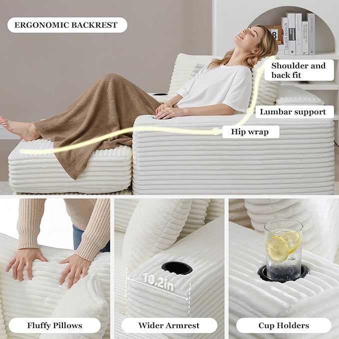 HANXIN 62" Chaise Lounge Chair Indoor, Oversized Corduroy Boneless Convertible Chaise Lounge Couch Sleeper Chair with Ottoman, Deep Seat Reading Chair, No Assembly Required (Beige)