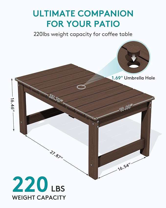 SERWALL Outdoor Coffee Table with 1.69" Umbrella Hole, HDPE Patio Coffee Table for Outside, Rectangle, Coffee