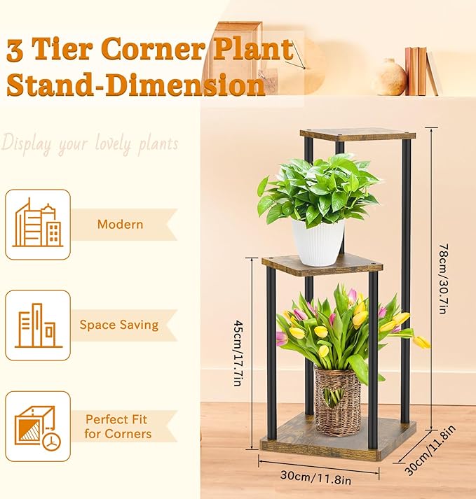 3 Tier Corner Plant Stand Indoor, Metal Wood Flower Pot Holder Shelf, Multiple Display Rack Square Table for Living Room Bedroom Orchid Outdoor Balcony Garden Patio, Modern Black & Rustic Brown