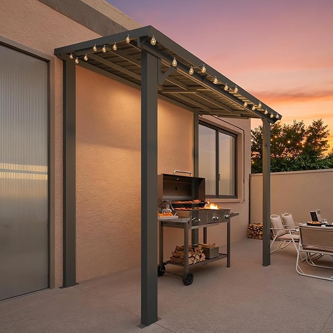 AECOJOY 8' x 5' Hardtop Grill Gazebo Outdoor Pergola, Small Heavy Duty Lean to Metal Pergolas and Gazebos Clearance, Wall-Mounted Grill Gazebo Galvanized Steel Patio Roof Awnings for Patio, Decks
