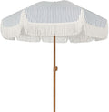 AMMSUN 7ft Patio Umbrella with Fringe Outdoor Tassel Umbrella UPF50+ Premium Steel Pole and Ribs Push Button Tilt, Navy Blue Stripes