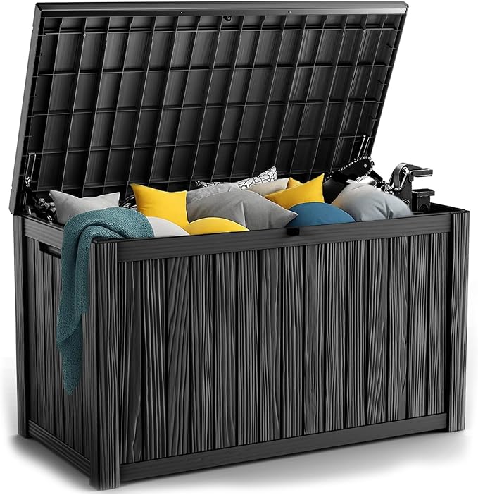 180 Gallon Resin Deck Box, Lockable Patio Outdoor Storage Box for Furniture, Garden Tools and Tools Storage, Waterproof Outside Storage Boxes - Black