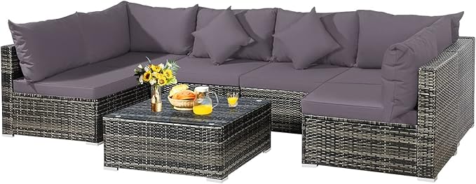 Tangkula 7 Pieces Wicker Patio Furniture Set, All-Weather Outdoor Rattan Sectional Sofa Set with Cushions & Tempered Glass Coffee Table, Outside Sofa Set for Garden, Lawn, Deck, Backyard (Grey)