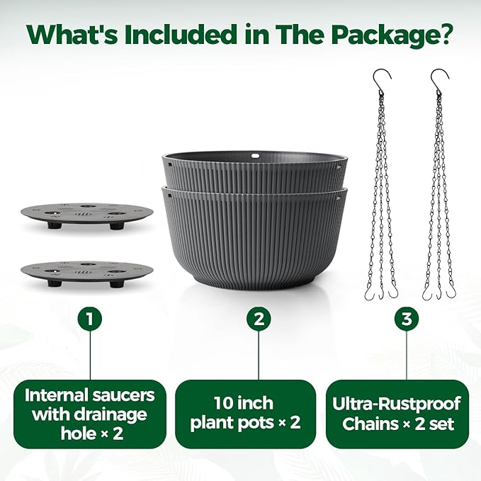 T4U 10 Inch Hanging Planters for Indoor Outdoor Plants, Hanging Plant Pot Pack of 2, Self Watering Hanging Pots with Drainage Hole & Plug & Chain with 3 Hooks for Garden Home Decor, Grey