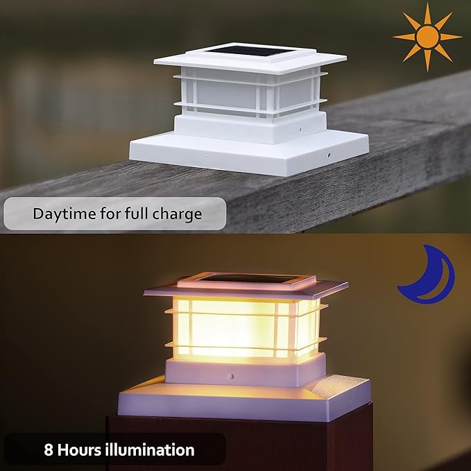 Dynaming 6 Pack Solar Post Cap Lights Outdoor, White Shell Fence Post Solar Lights Fit for 4x4 5x5 Vinyl/Wooden Posts, High Brightness Warm White SMD LED Lighting Decor for Garden Deck Patio