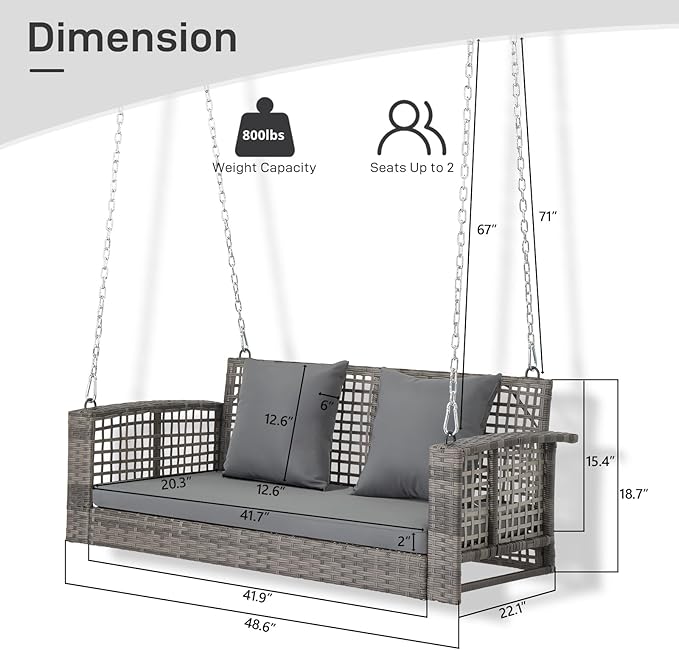 Outvita Porch Swing, 4FT Hanging Outdoor Porch Swings for Adults, Wicker 2 Person Patio Swing, with Cushion, Pillow and Chain for Garden, Backyard, Weight Capacity - 800lbs
