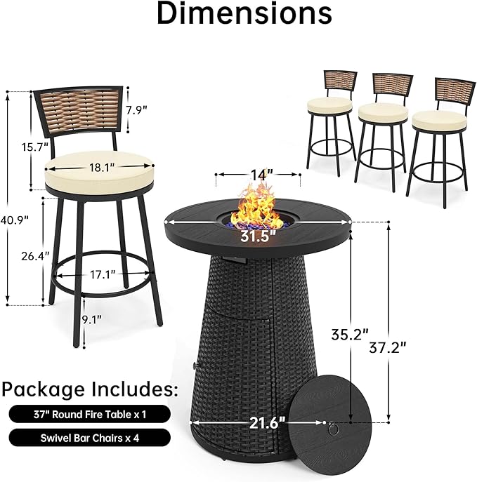 PIZZELLO 5-Piece Patio Swivel Bar Set with 37" Height Propane Round Firepit Table and High Swivel Stools Chair Set of 4, Outdoor High Top Bistro Set for Poolside, Garden, Balcony(Black)