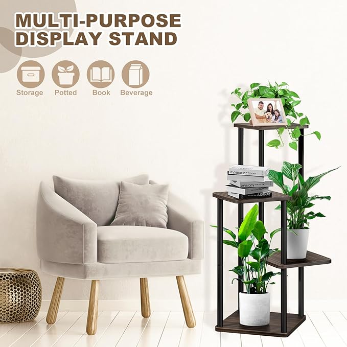 4 Tier Plant Stand Indoor, Thickened Metal Wood Corner Plant Shelf Stands for Multiple Plants, Indoor Tall Plants Stand Tiered Flower Holder for Living Room Patio Garden Balcony(Black+Oak)