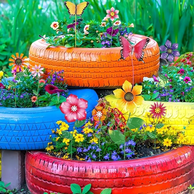 hogardeck Garden Decor for Outside, Set of 10 Metal Flowers Decorative Garden Stakes for Spring Decor, Yard Art Garden Decorations for Outdoor Lawn Porch Pathway (Multi-Color) (Color b)