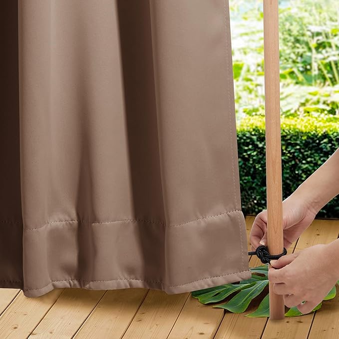 NICETOWN 2 Panels Outdoor Curtains for Patio Waterproof, Top & Bottom Grommet & Back Tab, Blackout Outdoor Drapes with Rope for Fixed Windproof Keep Privacy & Warm for Porch, W52 x L95, Tan-Khaki