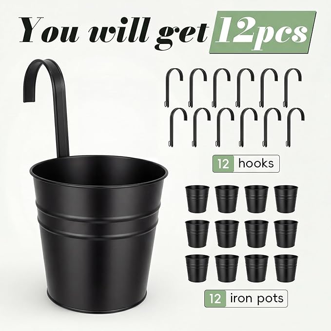 HowRU Hanging Flower Pots, Railing Planter Box for Outdoor Plants 12 Pack 5 Inch Metal Hanging Planters with Detachable Hooks Balcony Window Fence Garden Decoration Flower Boxes (Black)