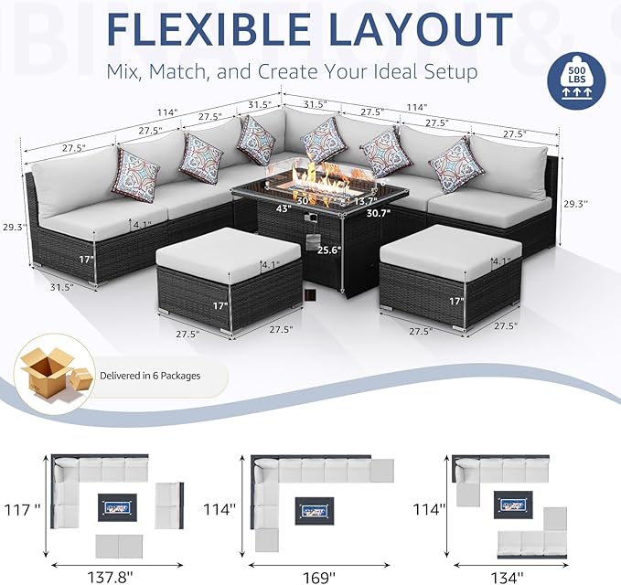 NICESOUL 10 Piece Modern Outdoor Patio Furniture Set with Firepit Natural Gas Propane Convertible, 29.3'' High Back Extra Large Size Wicker Conversation, Deep Wide Comfortable Couch for Outside, Grey