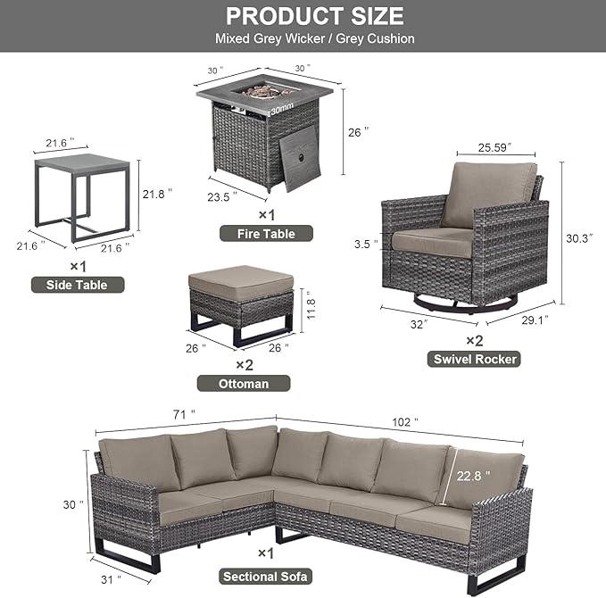 Belord Patio Sectional Furniture Set with Fire Pit Table: 8 Pieces Wicker Patio Conversation Set with L Shaped Sofa, Outdoor Swivel Glider Rocker, Rattan Ottomans, Removable Cushions Grey