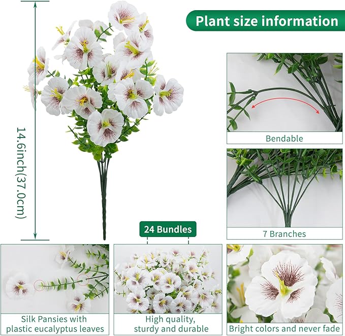 24 Bundles Artificial Pansy Flowers for Outdoor, Faux Silk Pansies Spring Flowers Outside for Planter Front Door Porch Patio Yard Window Box Home Decor (White)