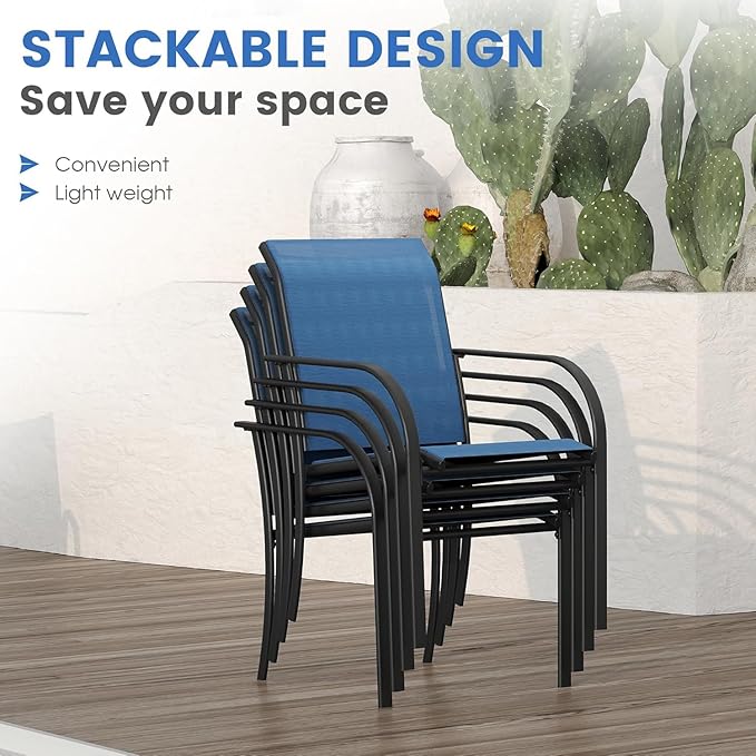 VICLLAX 5 Pieces Patio Dining Set for 4, Outdoor Furniture Set Includes 40.7" Round Patio Table and 4 Patio Stackable Chairs, Black Tabletop and Blue Fabric