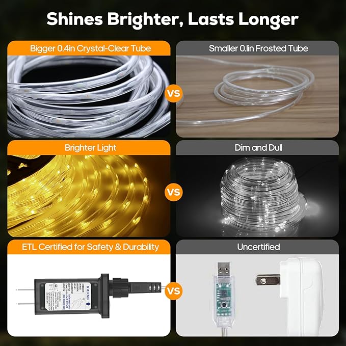 50FT 360 LED Waterproof Rope Lights Outside with Remote, 8 Modes and 4 Brightness Tube Lights for Christmas, Bedroom, Patio, Garden, Indoor Outdoor Decoration (Warm White)