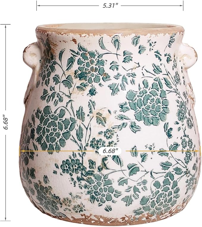 Tuscan Ceramic Planters and Kitchen Utensil Holder, 6.68 Inch Vintage Plant Pots with Drainage for Indoor/Outdoor, Country Cottage Vase for Home Garden Decor, Gifts for Plant Lovers, Cyan