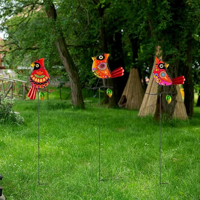 Decorative Garden Stakes,Set of 3 Cardinal Stained Glass Metal Yard Art,Waterproof Outdoor Decor Housewarming Present for Women Mom Grandma