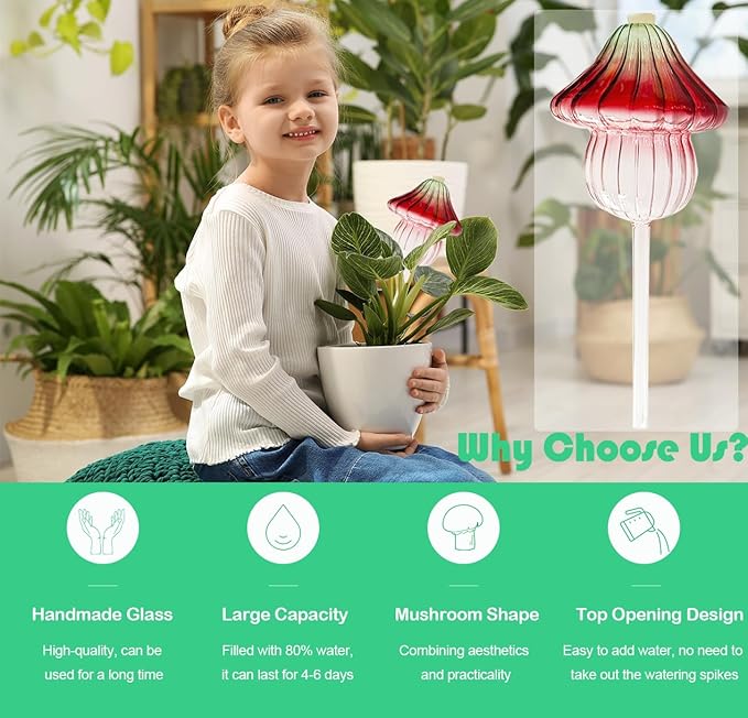 4 PCS Glass Mushroom Plant Watering Globes, 230 ML Large Self Watering Planter Insert Automatic Plant Waterer Bulbs Spikes Plants Water Stakes with Rubber Stopper for Indoor Outdoor Plants