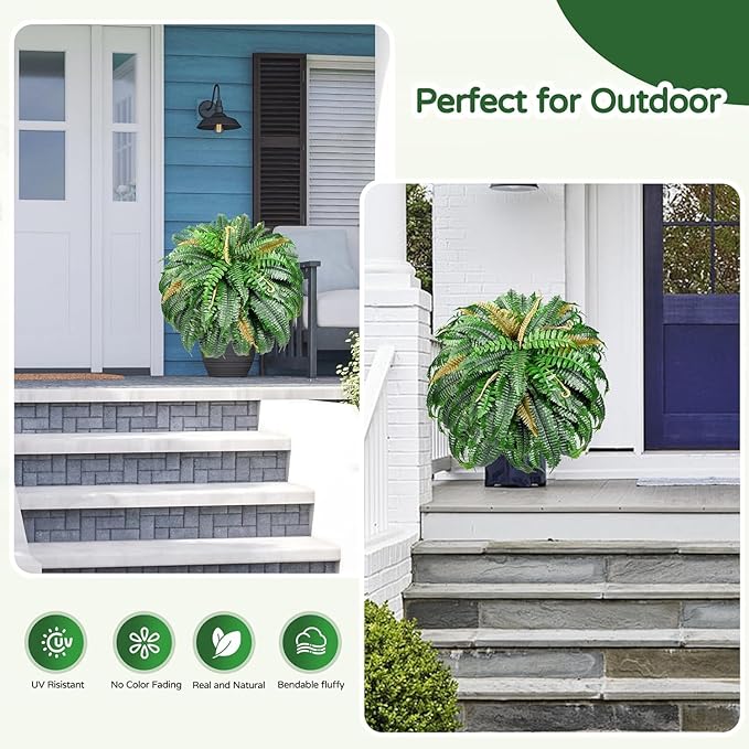 Set of 2 Large Autumn 88 Leaves Artificial Ferns for Outdoors Look Real, Fake Faux Boston Ferns for Outdoor Planter Realistic UV Resistant Artificial Fake Plants for Porch Patio Hanging 47 inch