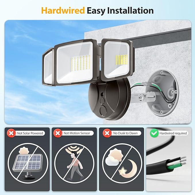 Onforu 75W Flood Lights Outdoor, 7000LM Brightness Security Lights Switch Controlled, 3 Adjustable Heads, IP65 Waterproof, 6500K Wall Mount Exterior LED Flood Light