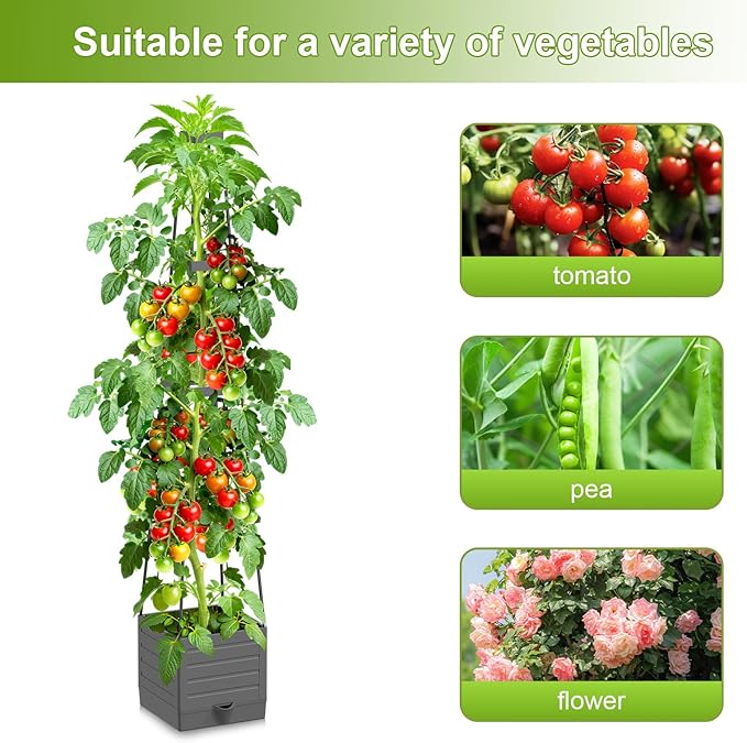 2 Pack Raised Garden Bed Tomato Planter with Trellis, 57" Tomato Cage Plant Support Planters, Self-Watering Planter for Tomatoes Climbing Plants Vegetable Vine Flowers Outdoor & Indoor