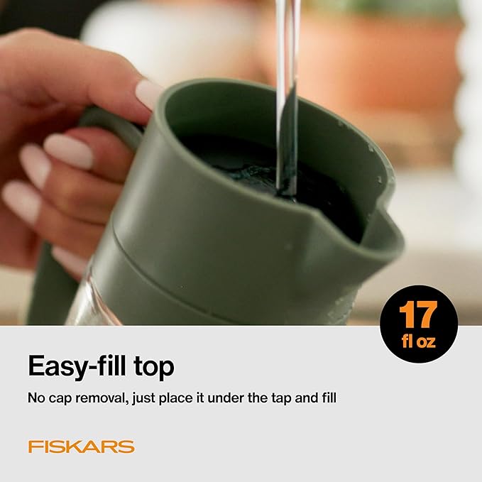 Fiskars Glass Watering Carafe, Indoor Plant Watering Can with Narrow Spout, Small Pitcher for Succulents & Herbs, Easy Fill Top Design for Mess Free Pouring, Modern Decor Style, 17 oz, Clear