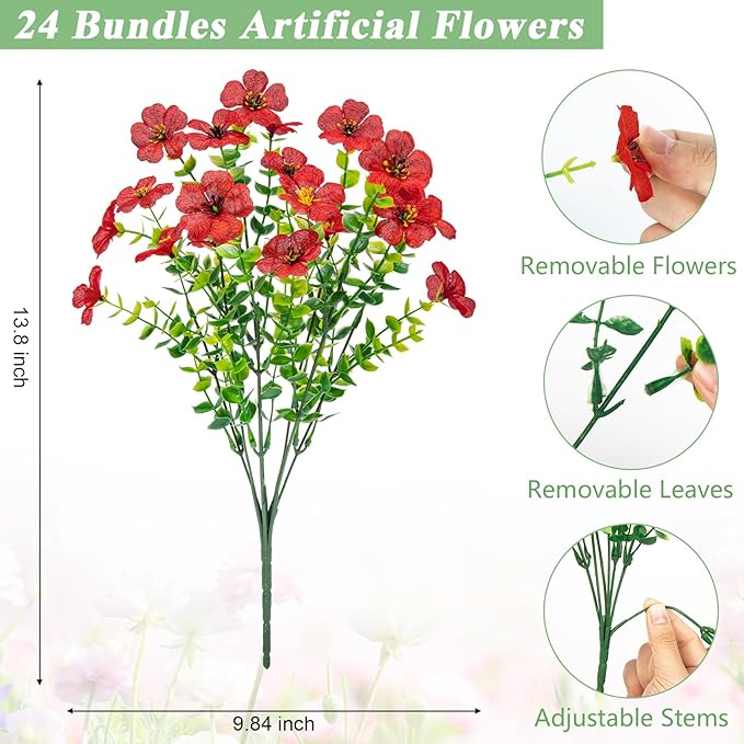 Bassion Artificial Flowers for Outdoors, 24 Bundles UV Resistant Fake Flowers Realistic Silk Faux Plants for Outdoor Planter Window Box Porch Patio Garden Home Outside Decorations