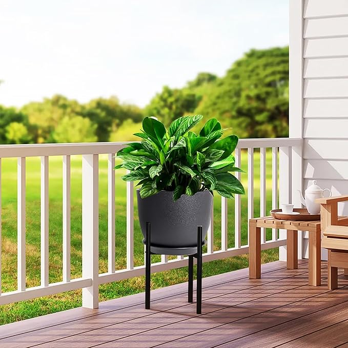 12inch Large Plant Pot, Modern Plastic Planter with High Driange Holes and Saucer for Indoor Outdoor Garden Plants and Flowers, Black