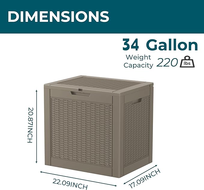 DRATO 34 Gallon Deck Boxes Resin Outdoor Storage Box UV Resistant Outside Deck Box with Lockable Lid for Patio Furniture（Grey，34 Gallon）