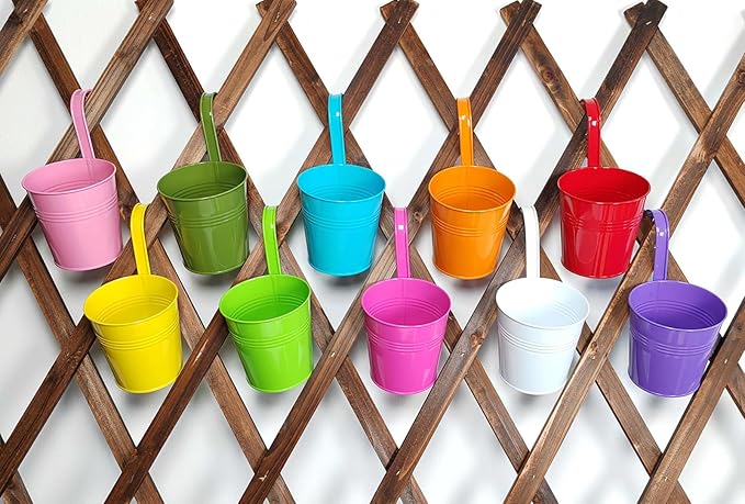 10 Pcs Fence Planters, 4" Metal Hanging Pots Plant Holder with Detachable Hook & Drainage, Railing Planter Flower Pot for Indoor Outdoor Balcony Patio Garden