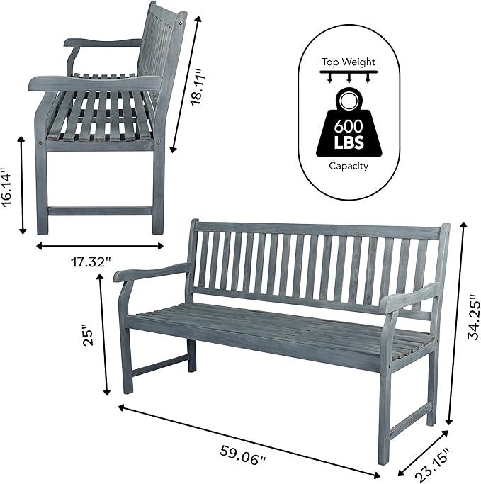 JONATHAN Y BNH101B Laurel 59.1" 3-Seat Slat-Back 600-Lbs Support Acacia Wood Outdoor Garden Patio Bench for Garden, Lawn, Backyard, Pool, Deck, Beach, Firepit, Gray