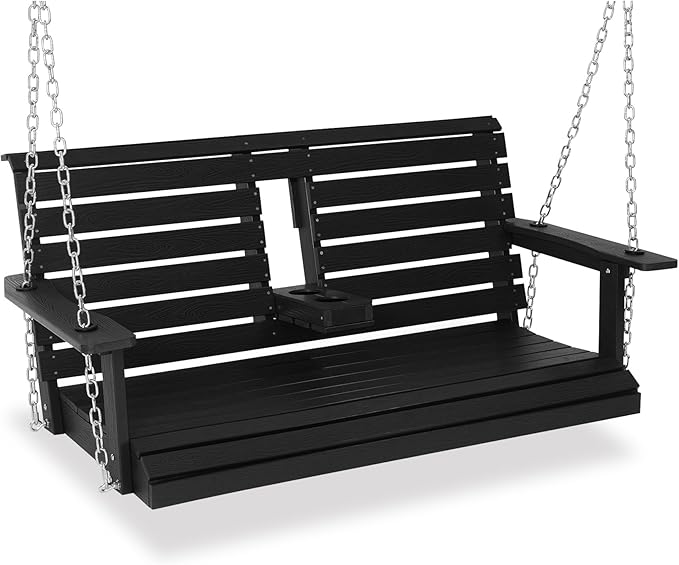 Poly Lumber 2-Seat Porch Swing, HIPS 4.5-Feet Bench Swing with Foldable Cup Holders,18/8 Stainless Steel Hardware, High Backrest and Deep Contoured Seat (Carbon Black, 4.5-feet)