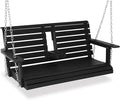 Poly Lumber 2-Seat Porch Swing, HIPS 4.5-Feet Bench Swing with Foldable Cup Holders,18/8 Stainless Steel Hardware, High Backrest and Deep Contoured Seat (Carbon Black, 4.5-feet)